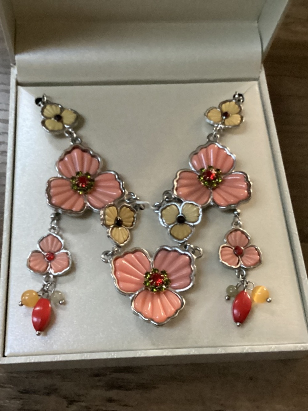 Kim Rogers Pink Floral Necklace & Earrings with red & yellow accents new in box